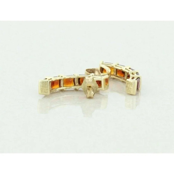 14k Yellow Gold Natural Garnet Earrings J Hoop Half Hoop Earrings - Picture 9 of 9